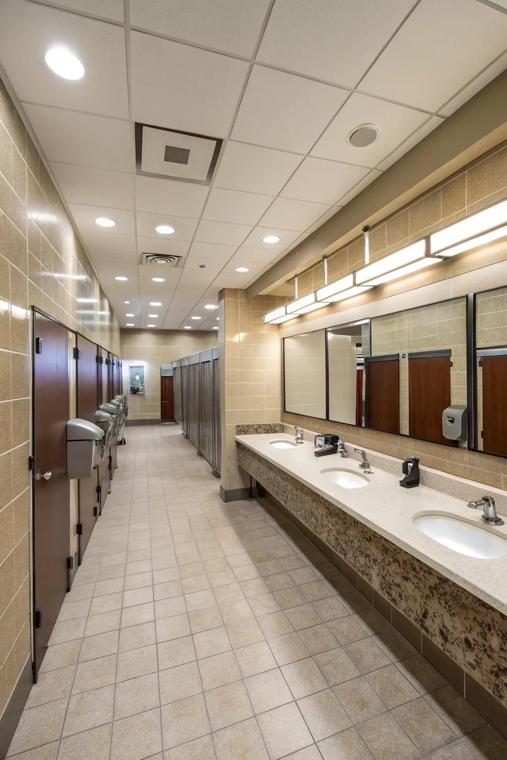 Efficient layouts streamline user flow in public bathrooms.