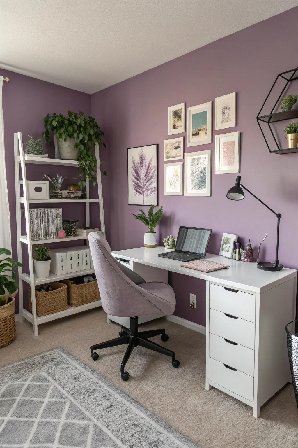 A home office energized by purple walls and stylish decor.