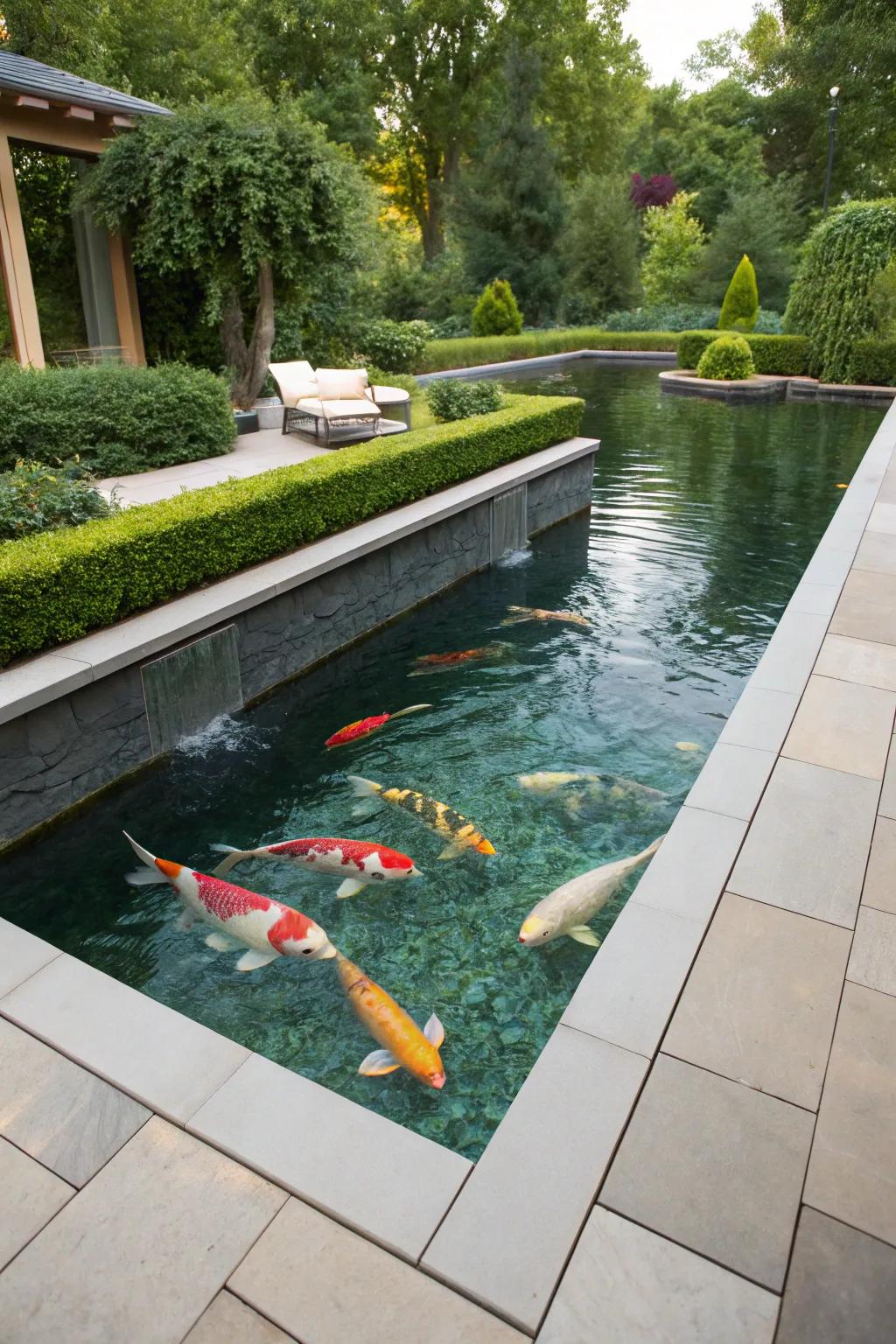 A crystal clear raised koi pond for optimal fish visibility.