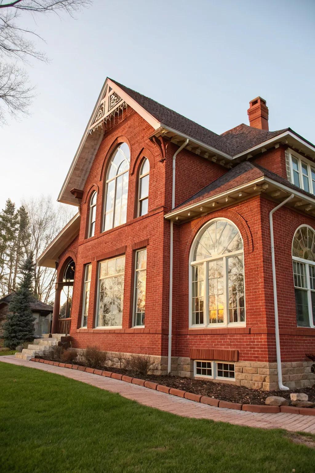 Unique windows add character to this red brick house.