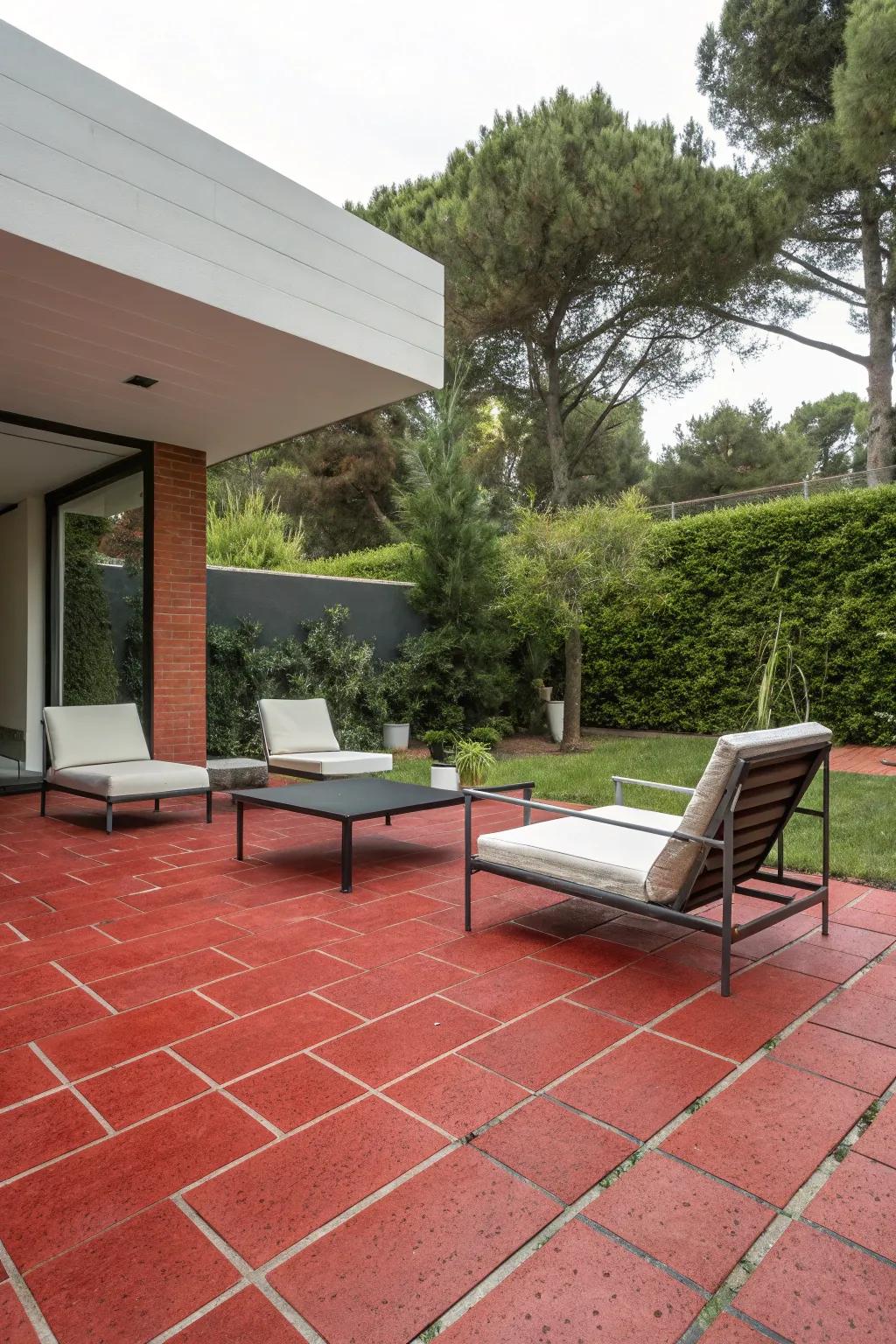 Minimalist design meets the vibrant charm of red pavers.