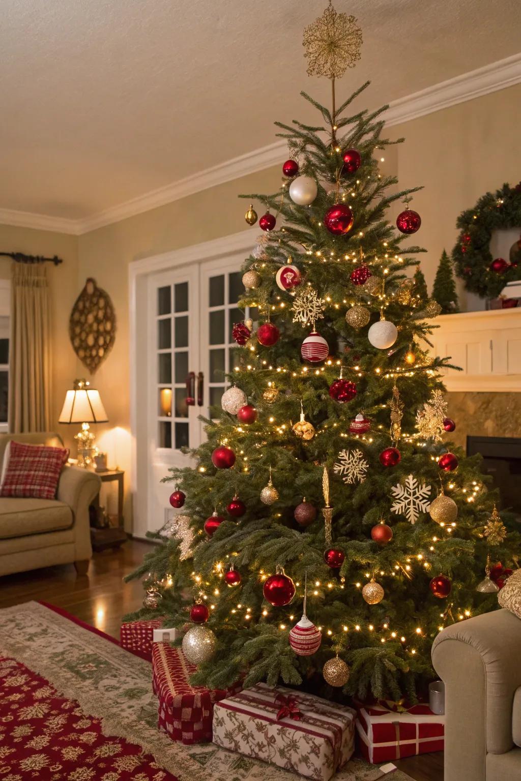 Vintage ornaments bring nostalgic charm to the festive tree.