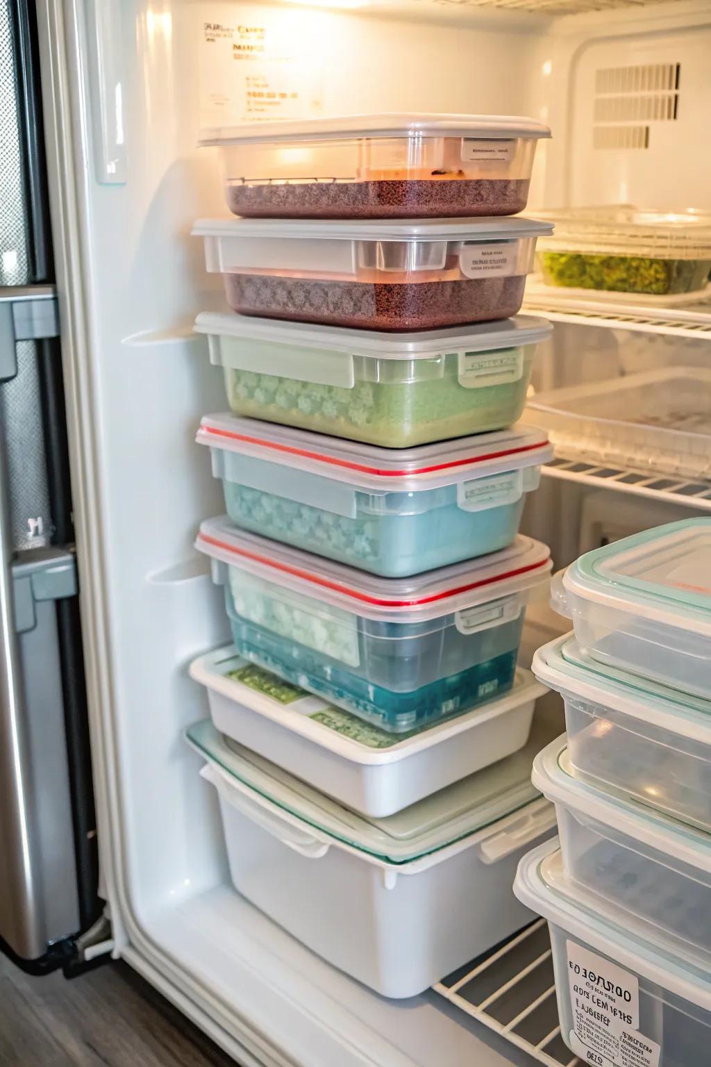 Vertical stacking helps maximize fridge space.