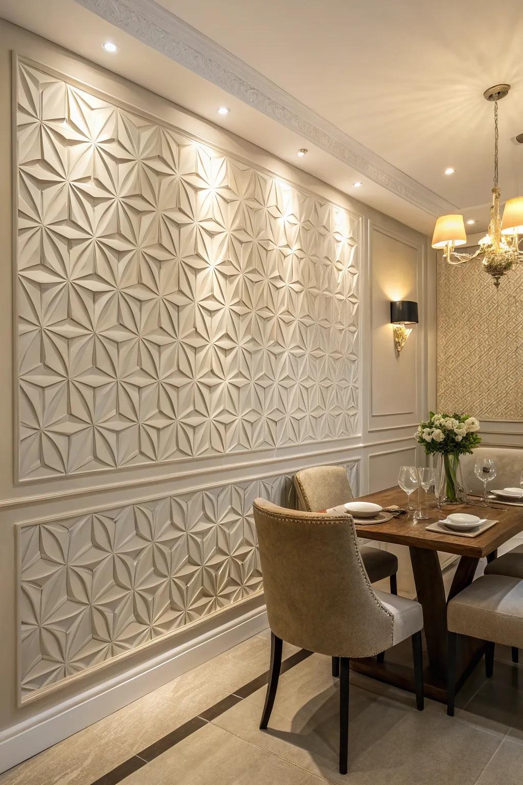 3D relief tiles add dimension and interest to this dining room.