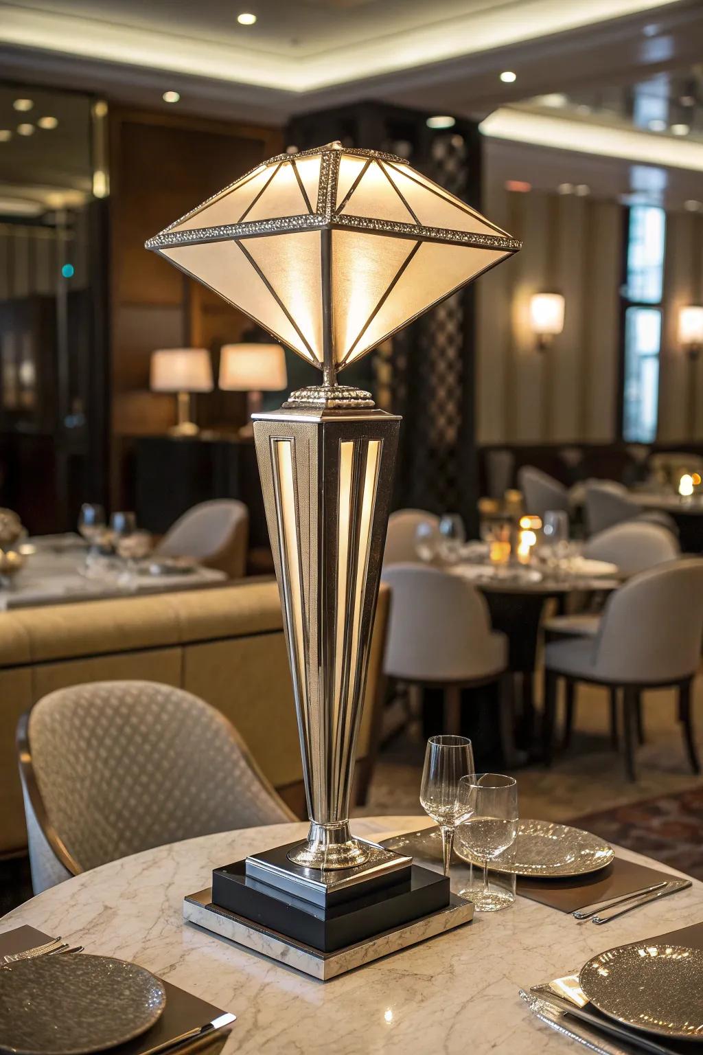 Art Deco table lamp with geometric design on a luxurious restaurant table.