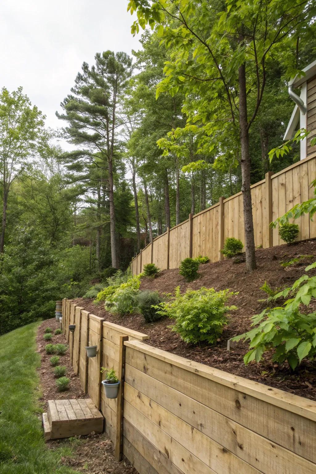 Wooden walls offer a warm, natural aesthetic to outdoor spaces.