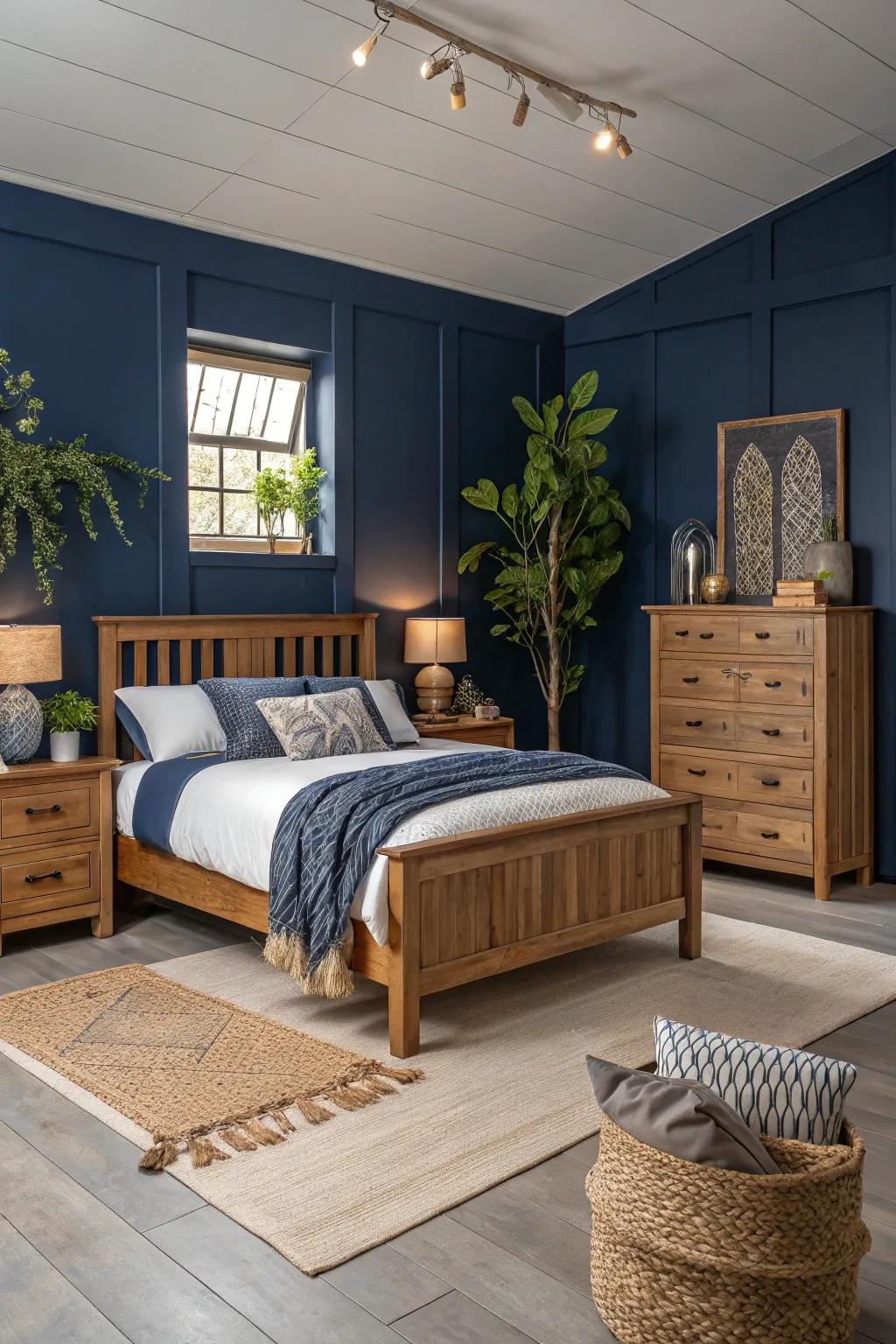 Natural wood elements provide warmth and balance to navy blue decor.