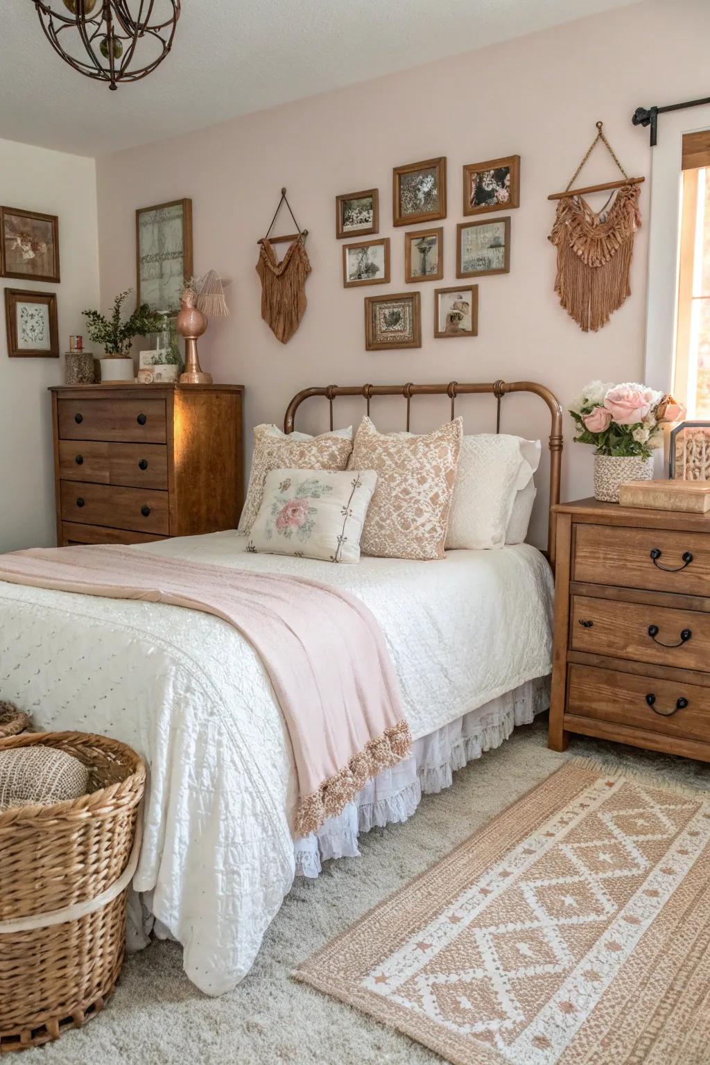 Rose gold adds elegance to a farmhouse chic bedroom.