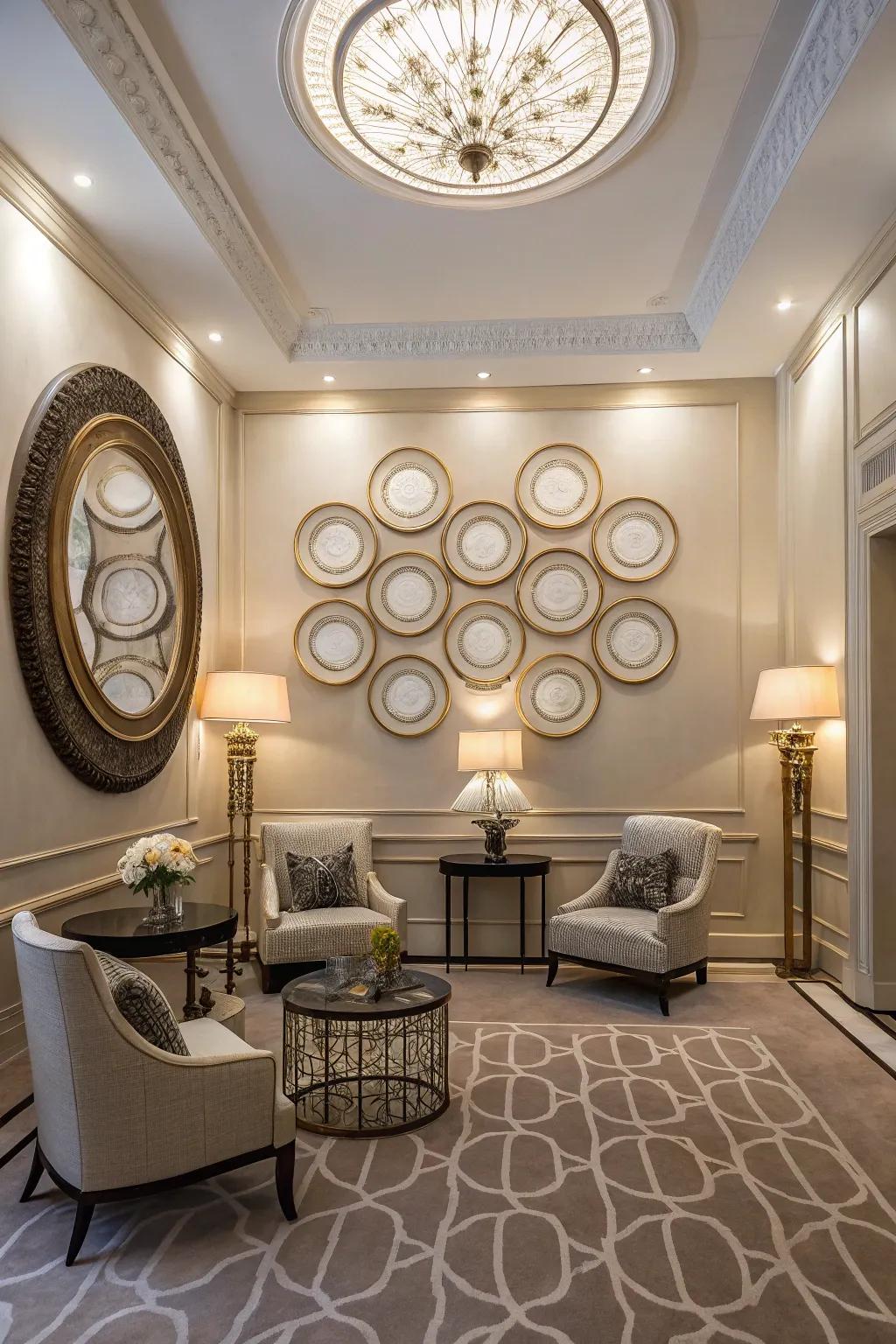 Elegant room featuring symmetrical round wall decor for a balanced look.