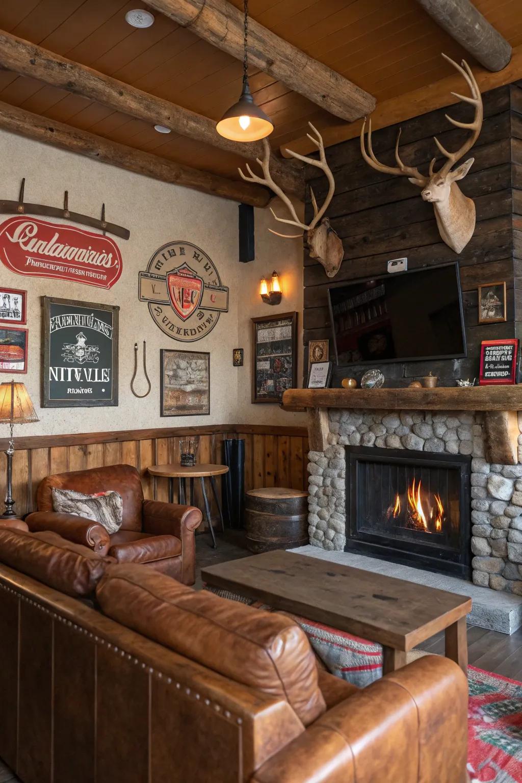 Rustic decor, including antlers and vintage signs, adds character to this man cave.