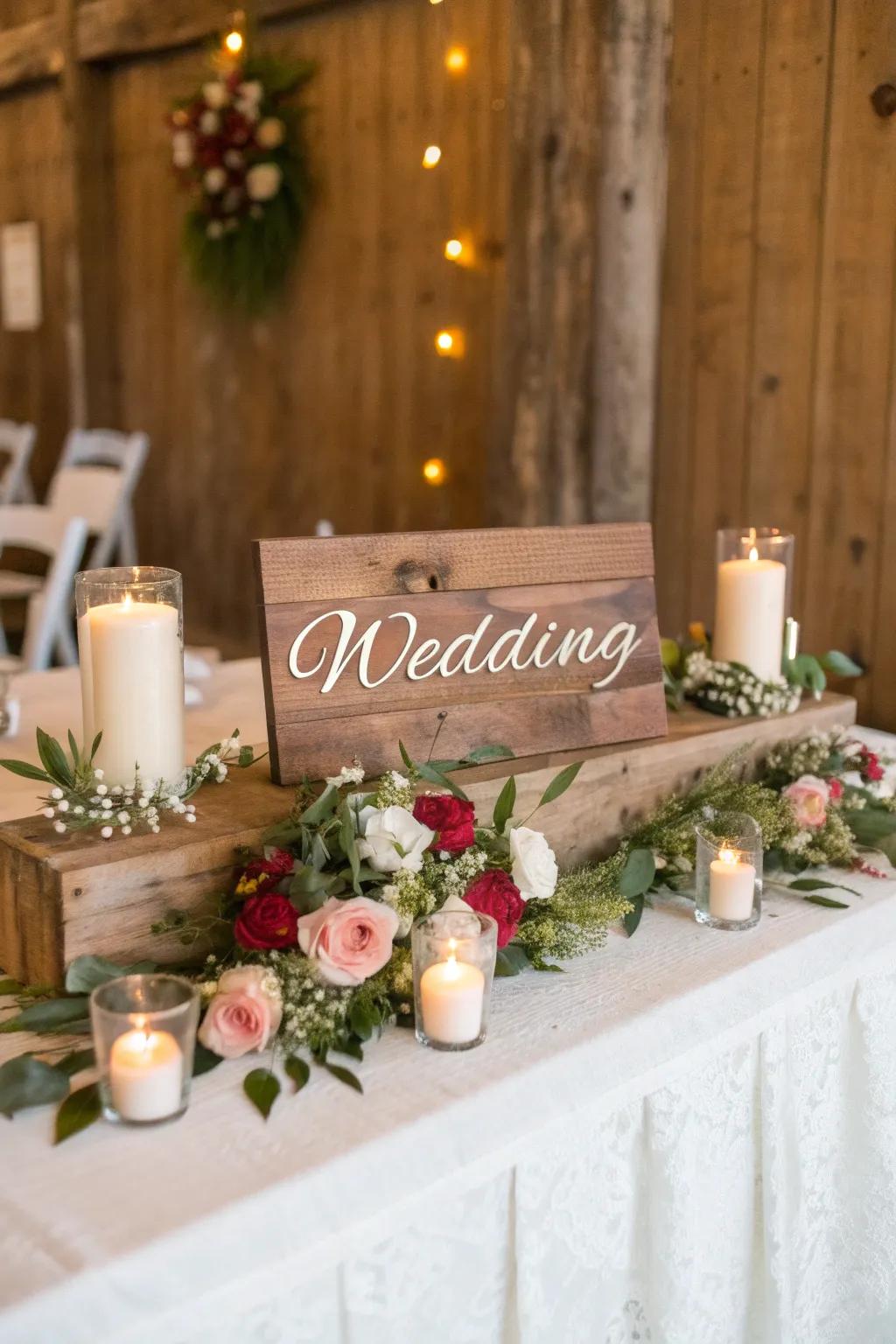 Charming wooden signs adding a personal touch to the head table.