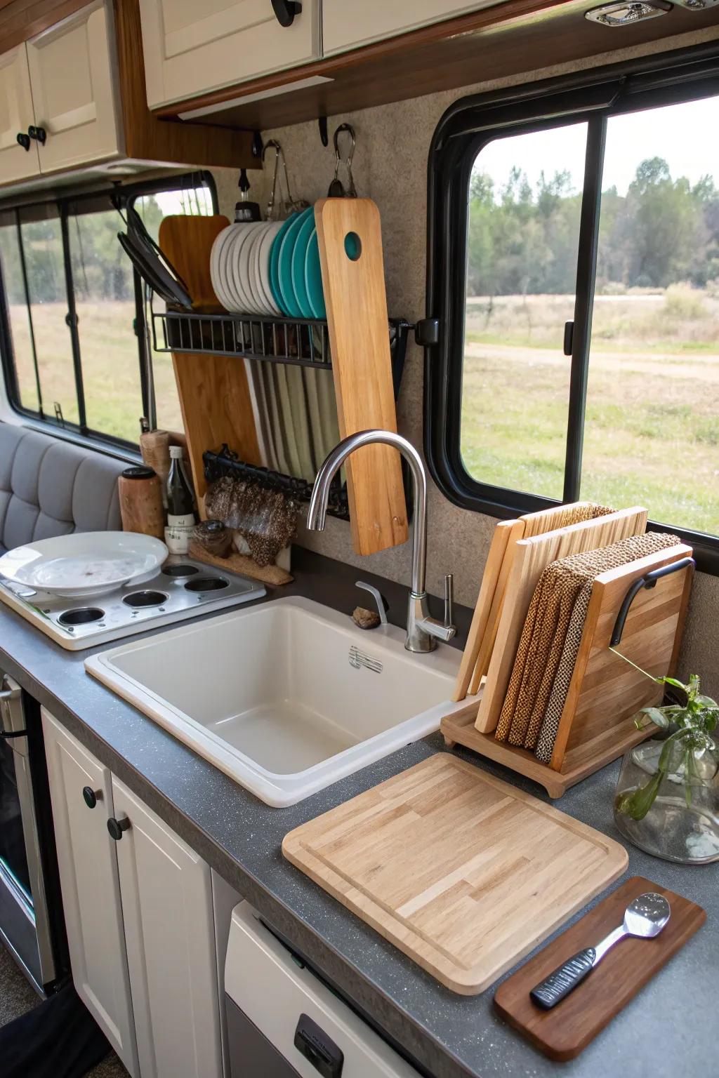 A workstation sink in an RV for efficient multitasking.