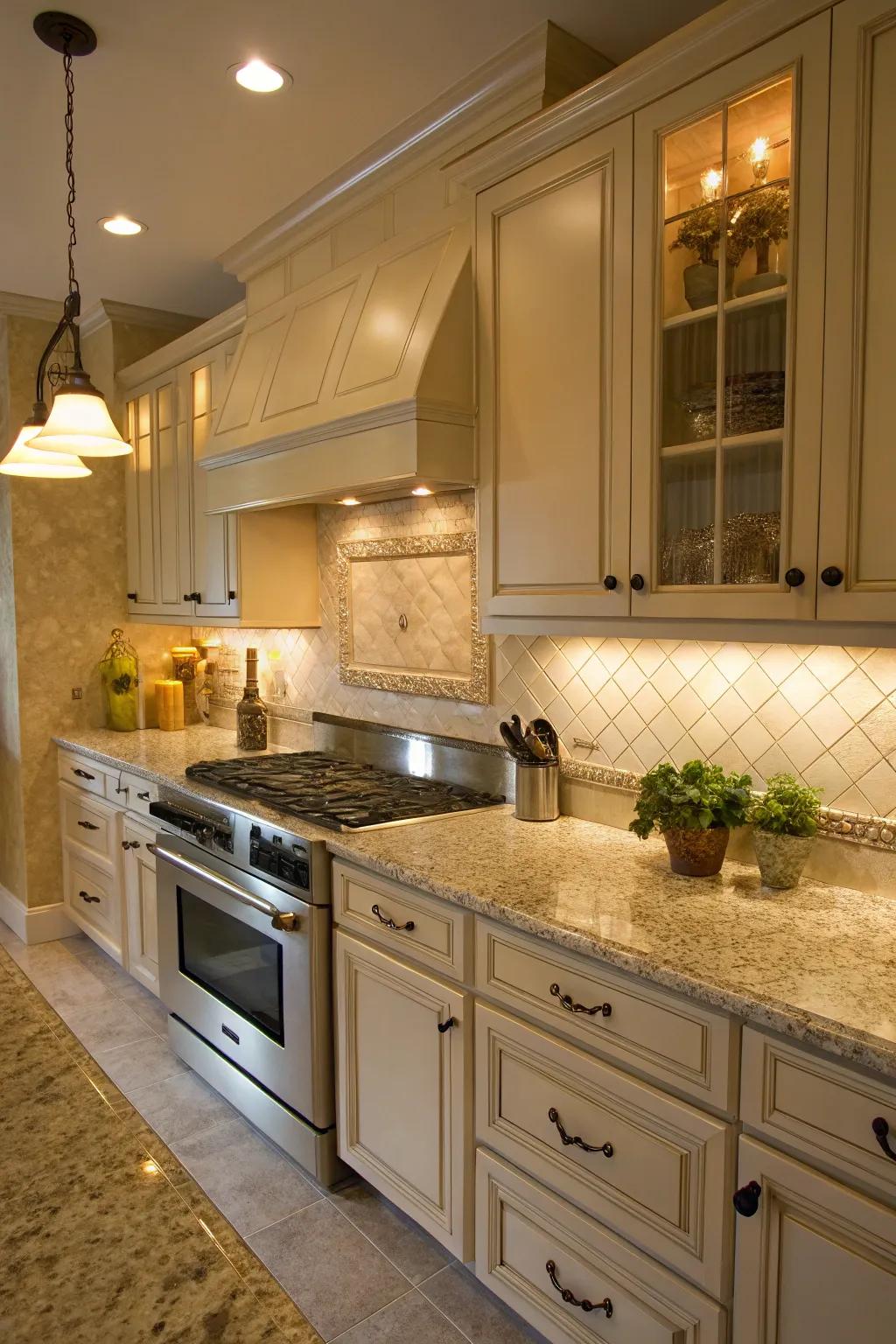 Soft cream tiles harmonize with the warmth of Santa Cecilia granite.