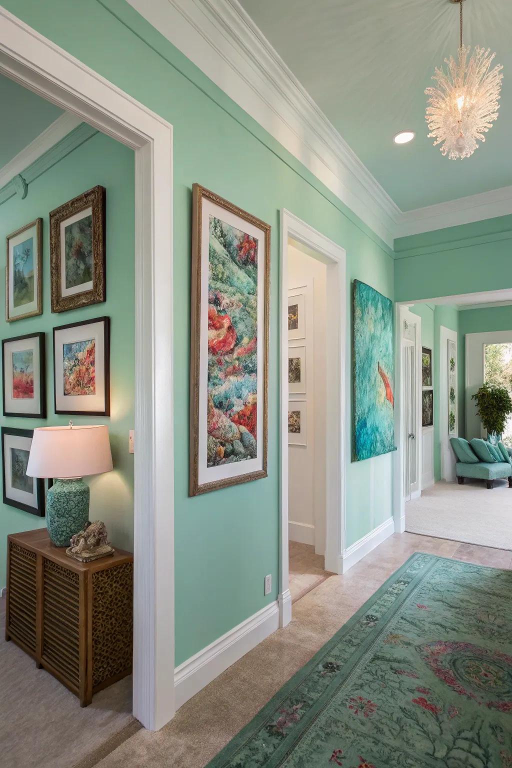 An artistic living space with seafoam green walls and vibrant art.