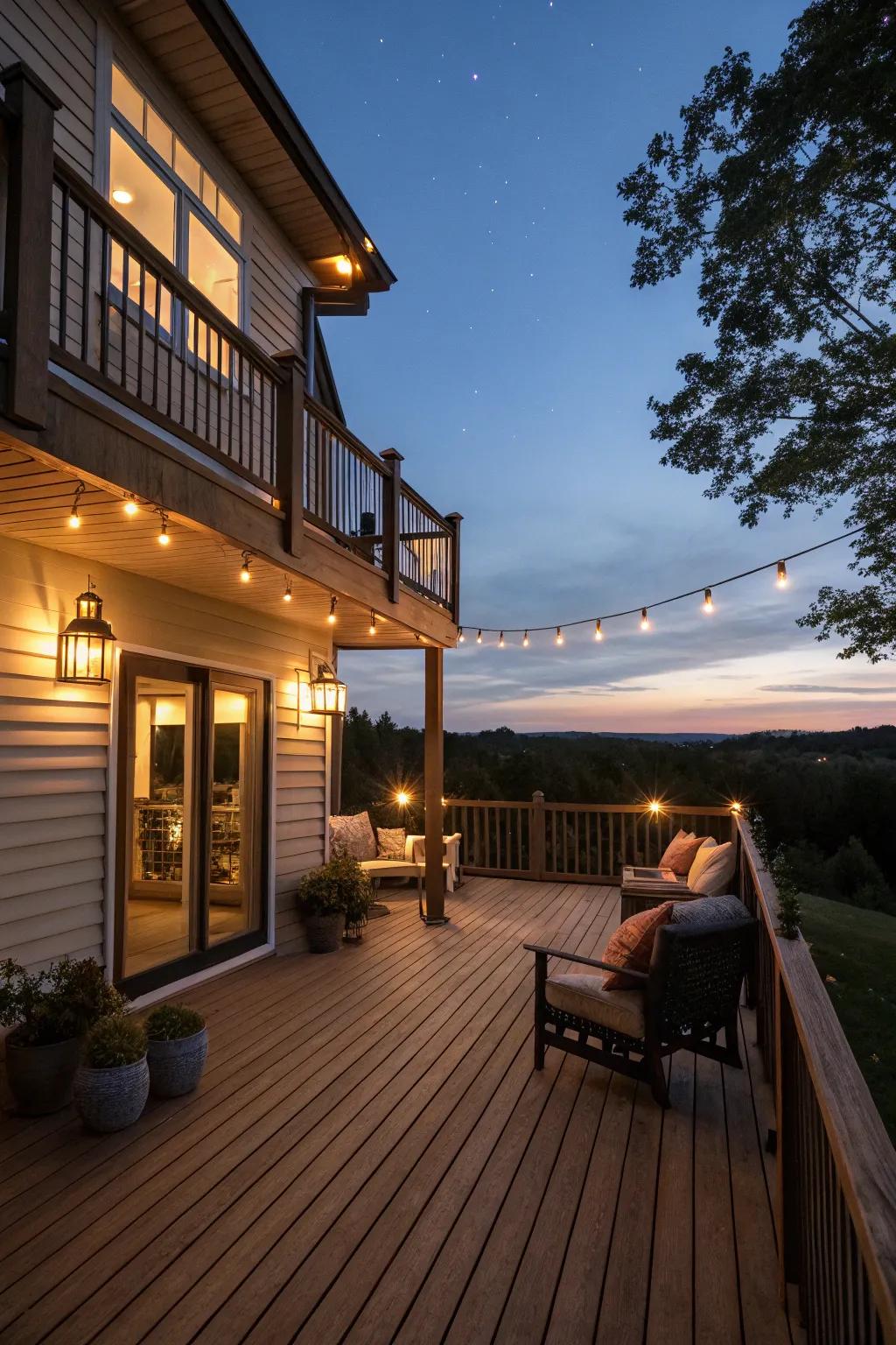 A beautifully lit deck that glows with warmth and style during the night.