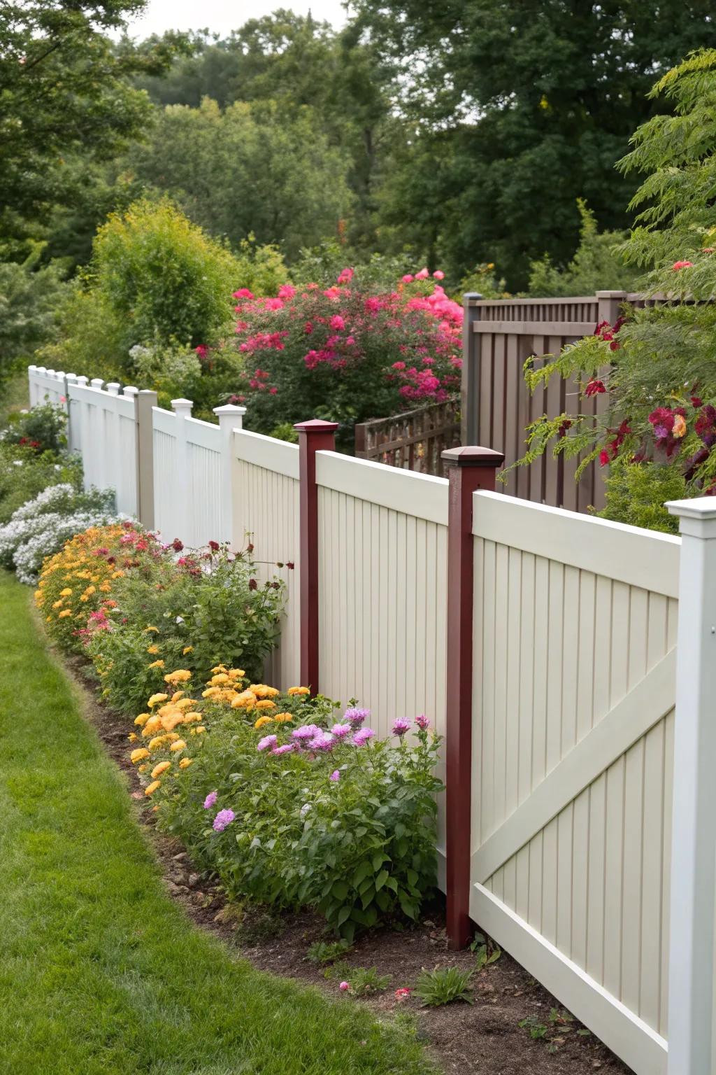 Two-tone fencing creates visual interest and depth in this vibrant garden setting.