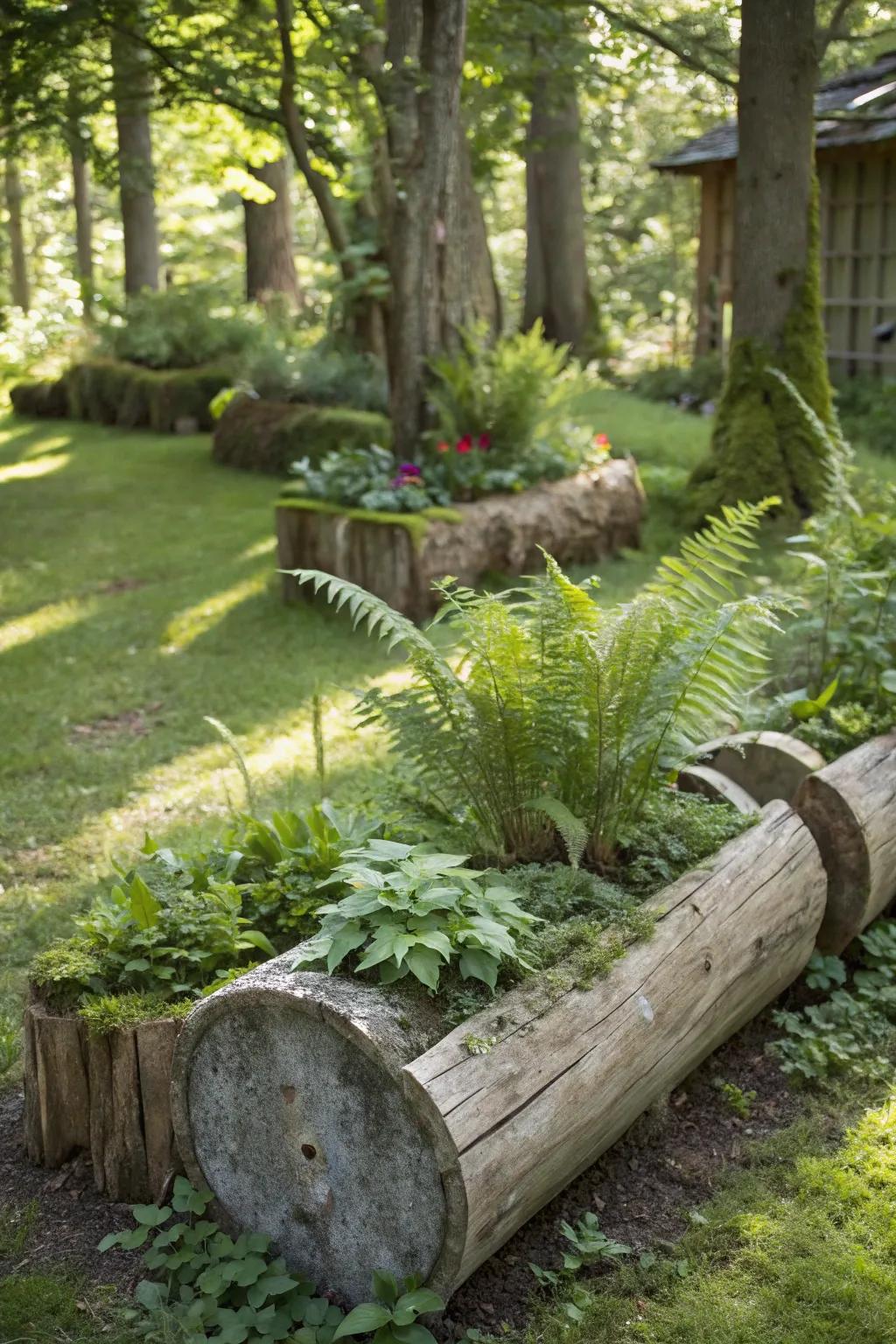 A shaded garden featuring rustic log planters filled with ferns and woodland plants.