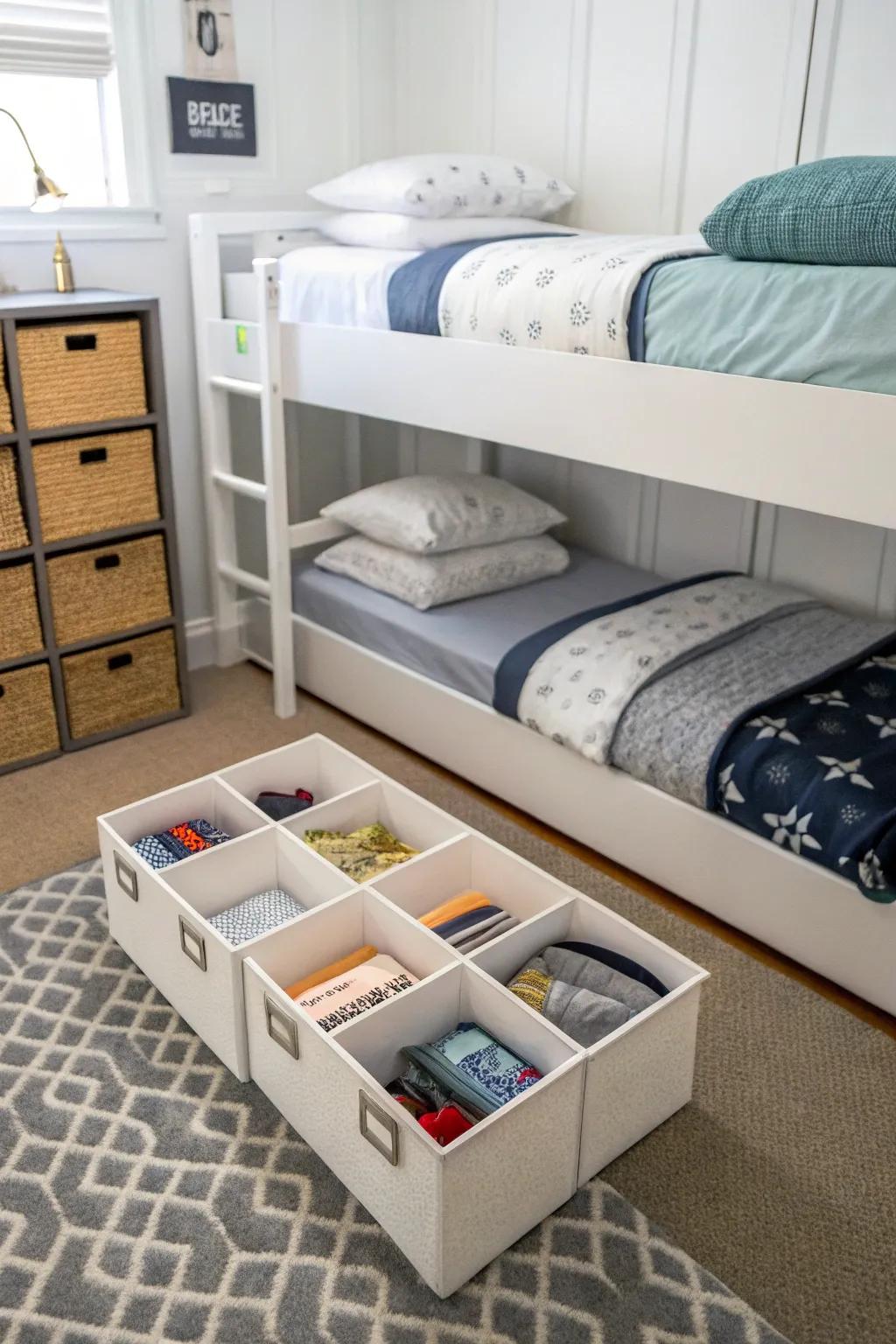 Under-bed storage keeps this shared room clutter-free.