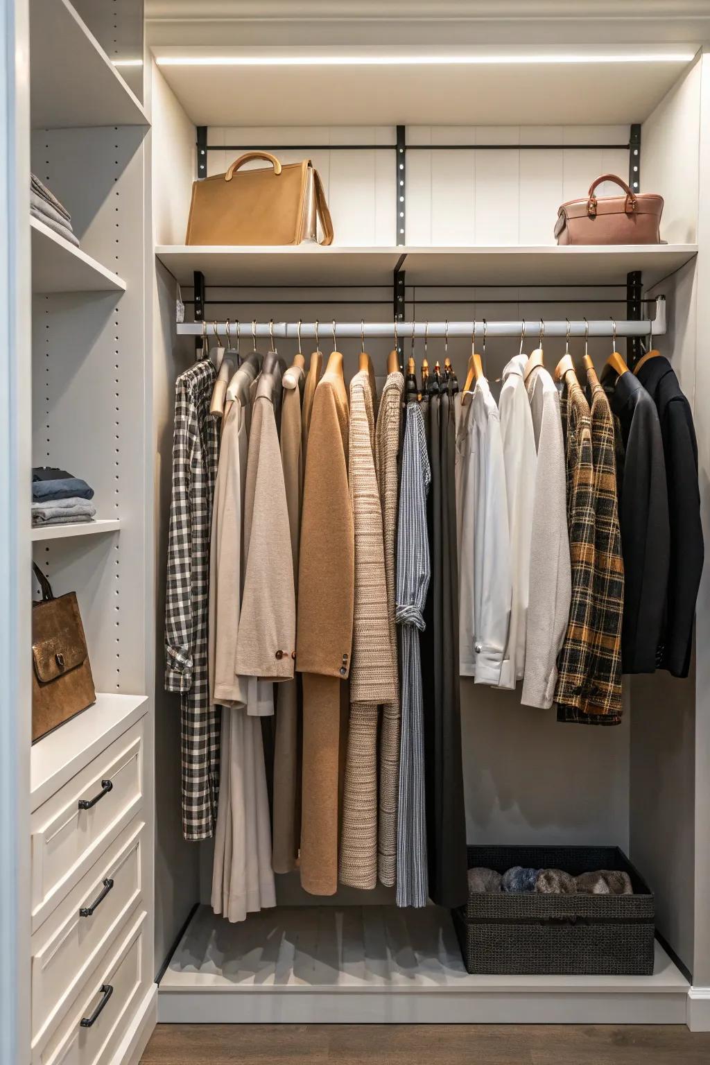 A closet with separate hanging areas for varied clothing types.