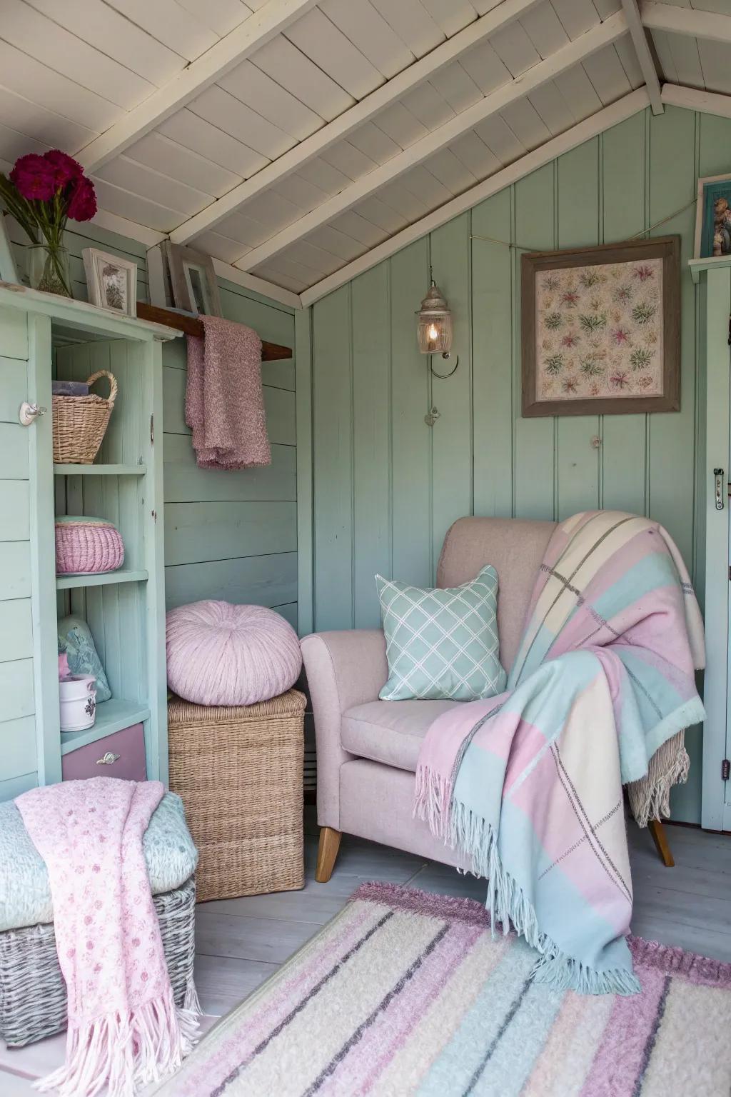 A relaxing retreat with soft textiles and soothing colors inside a shed.