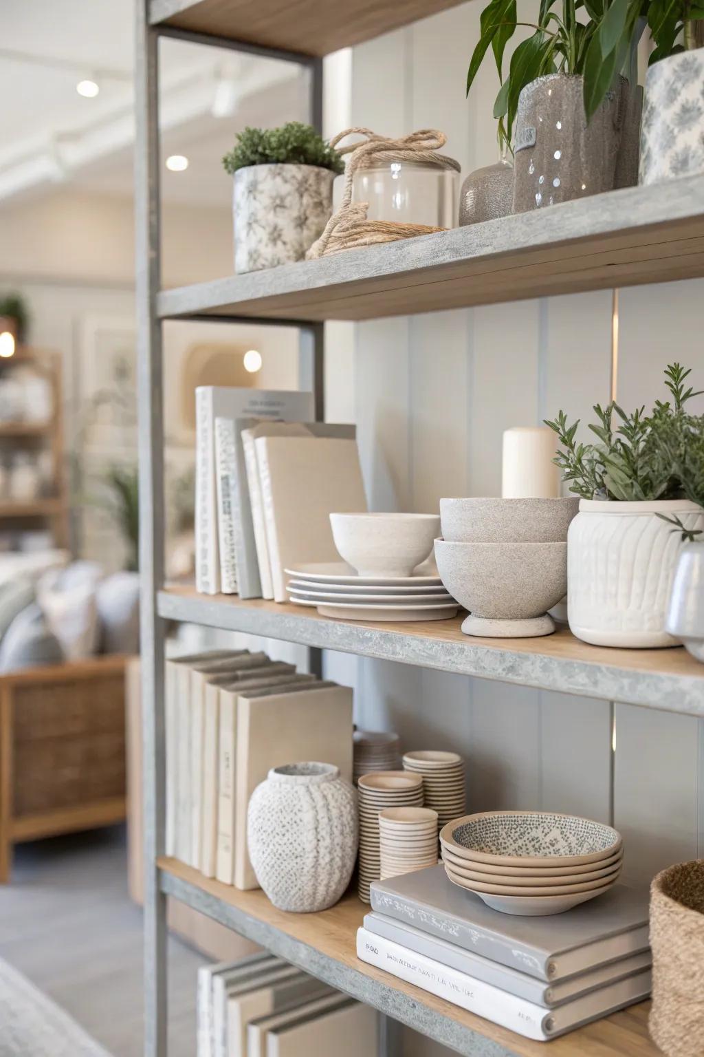 Neutral tones create a cohesive and timeless shelf decor.