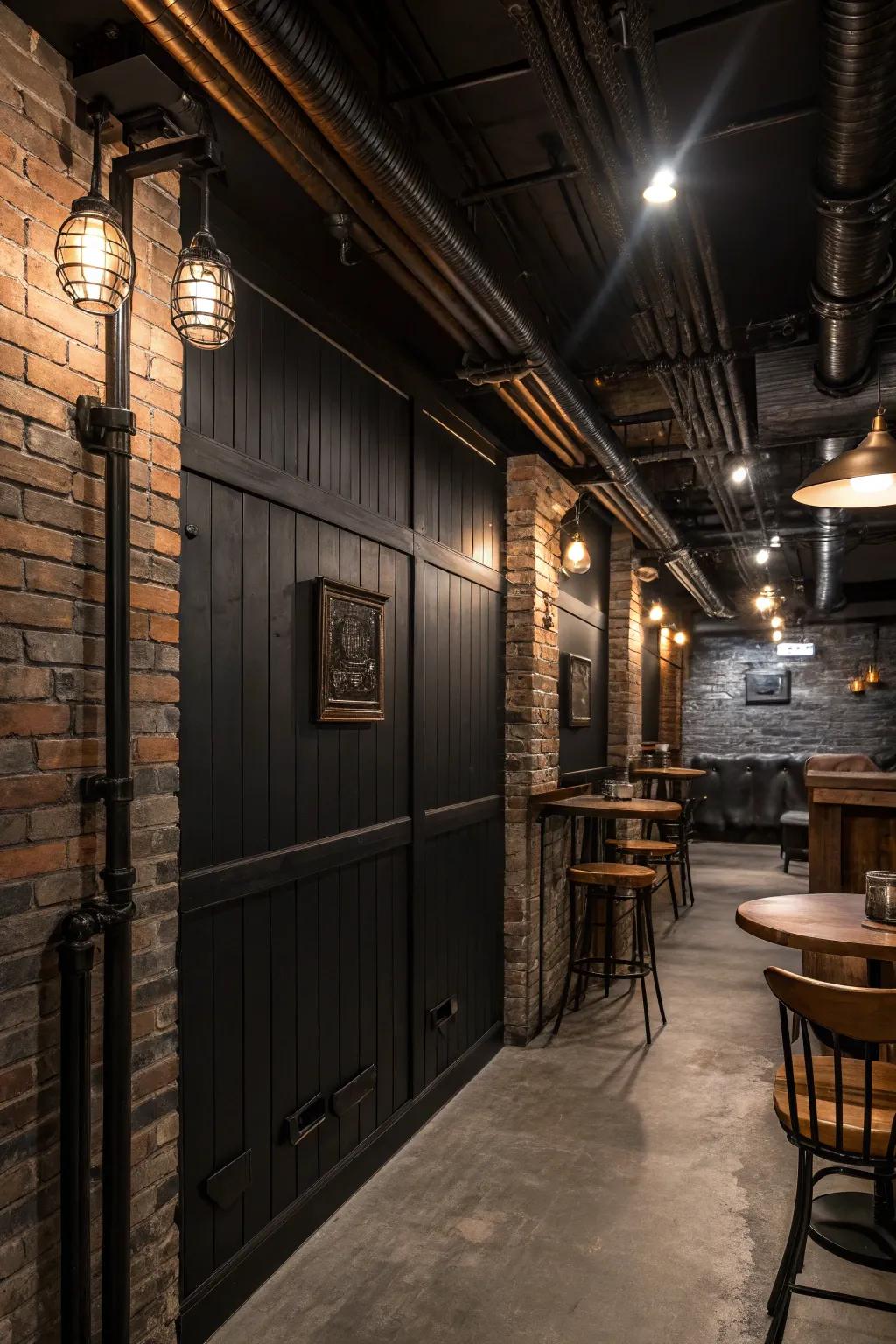 An industrial chic basement with dark shiplap walls.