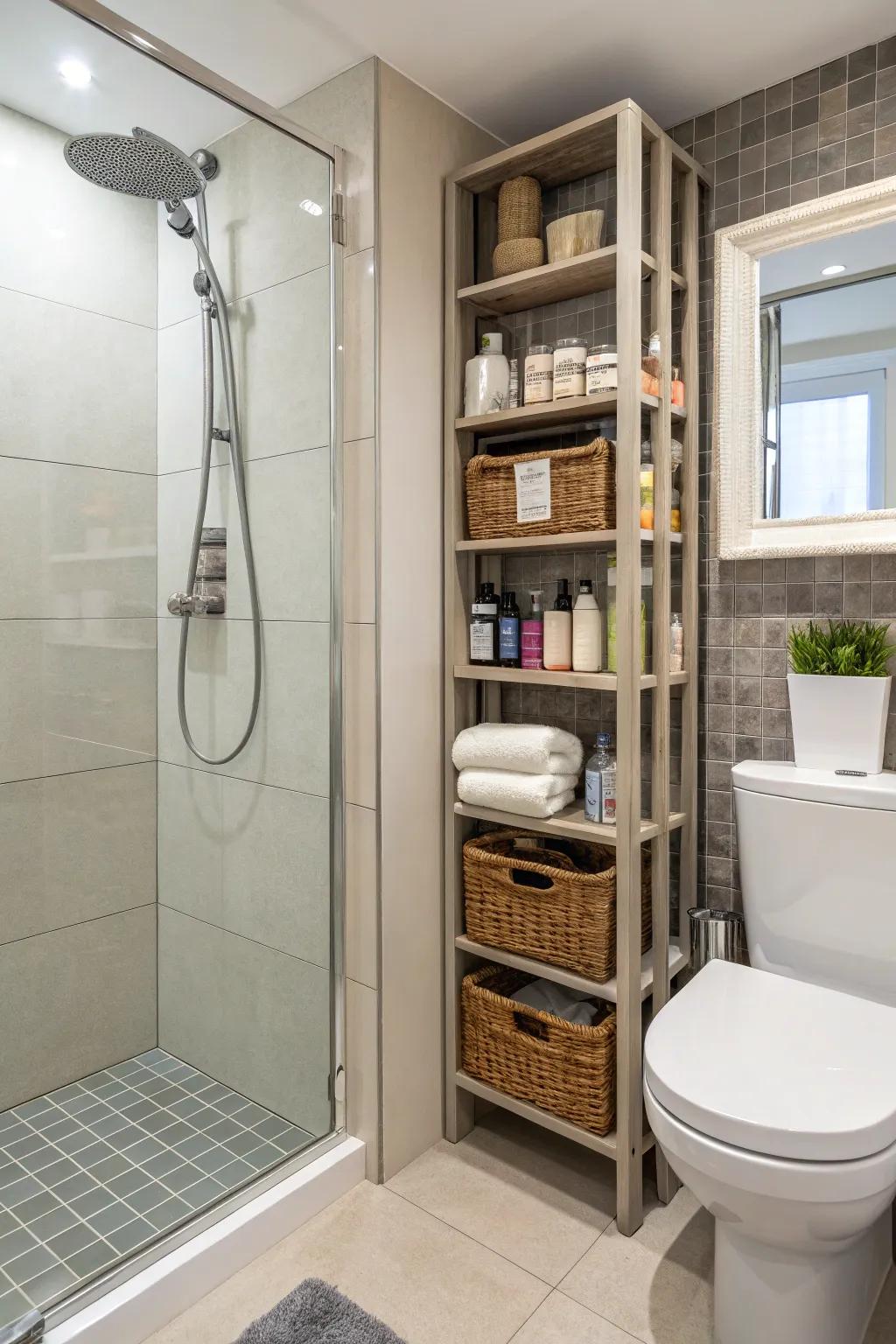 Integrated shelving blends functionality with a minimalist aesthetic.