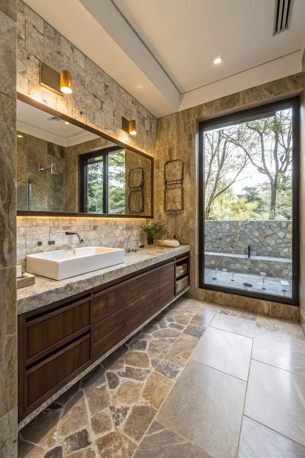 A bathroom that plays with contrasting textures for a unique look.