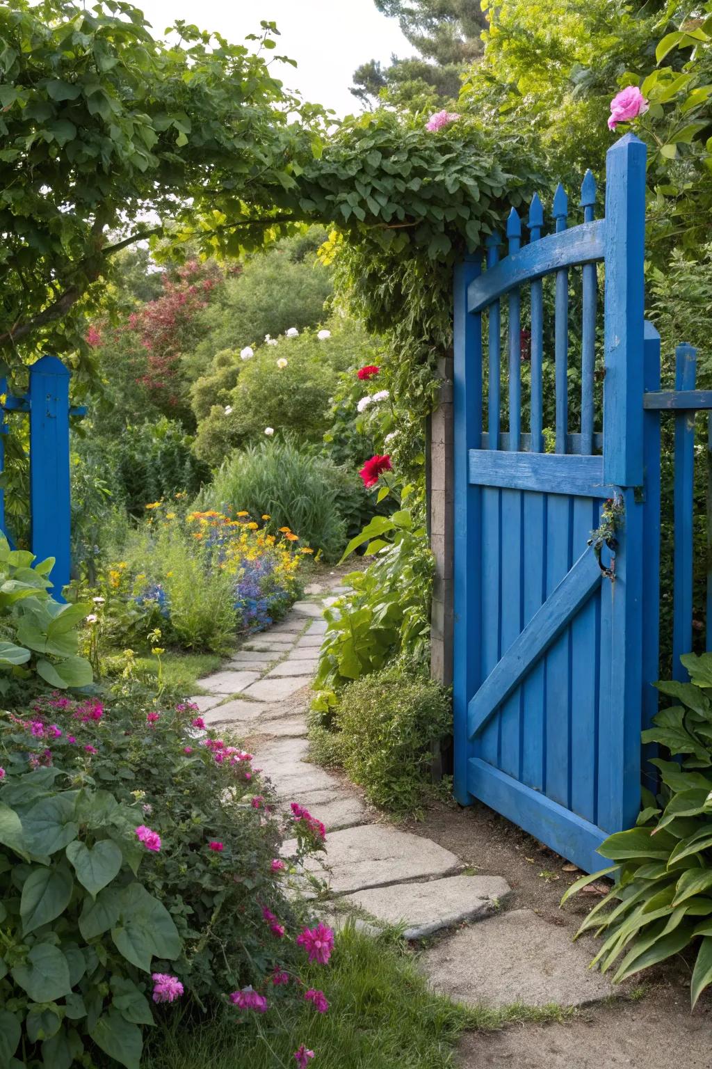 A colorful gate that adds a playful touch to the garden.