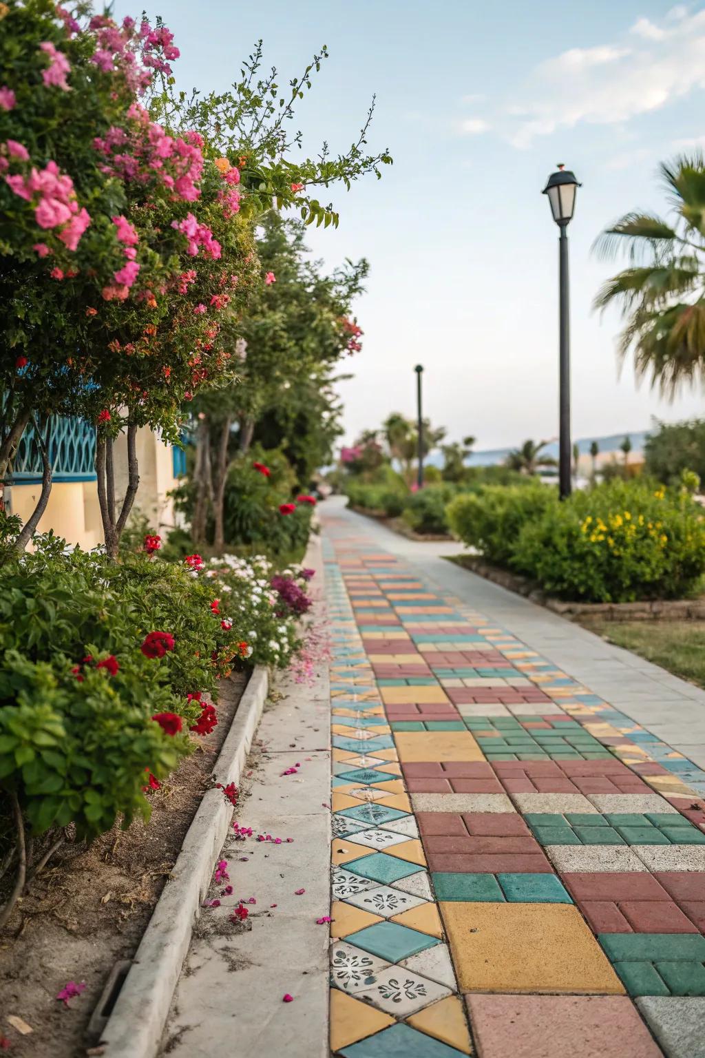 Colorful tiles add a playful touch to sidewalks.