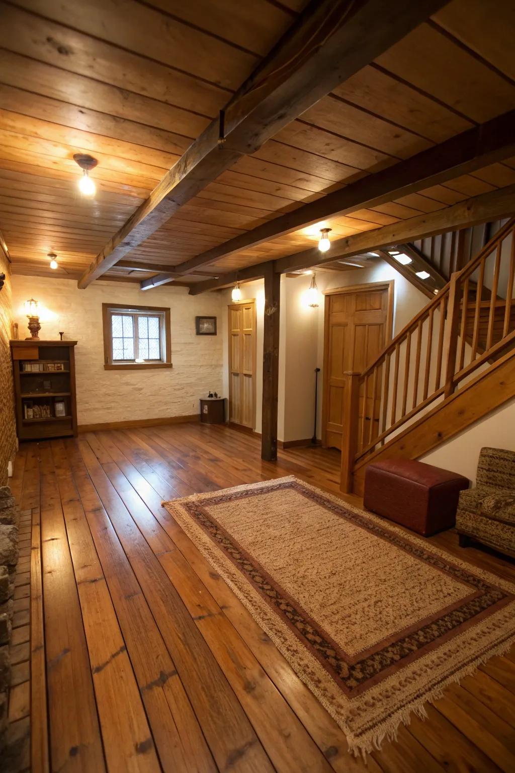 Warm tone flooring adds comfort to your basement.