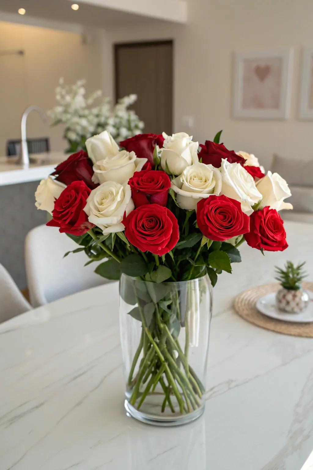 A striking two-tone bouquet of red and white roses.