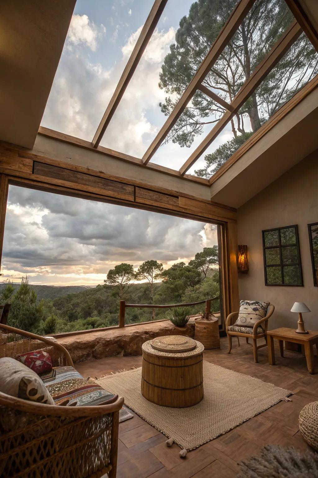 A room with a panoramic skylight view connecting to nature.