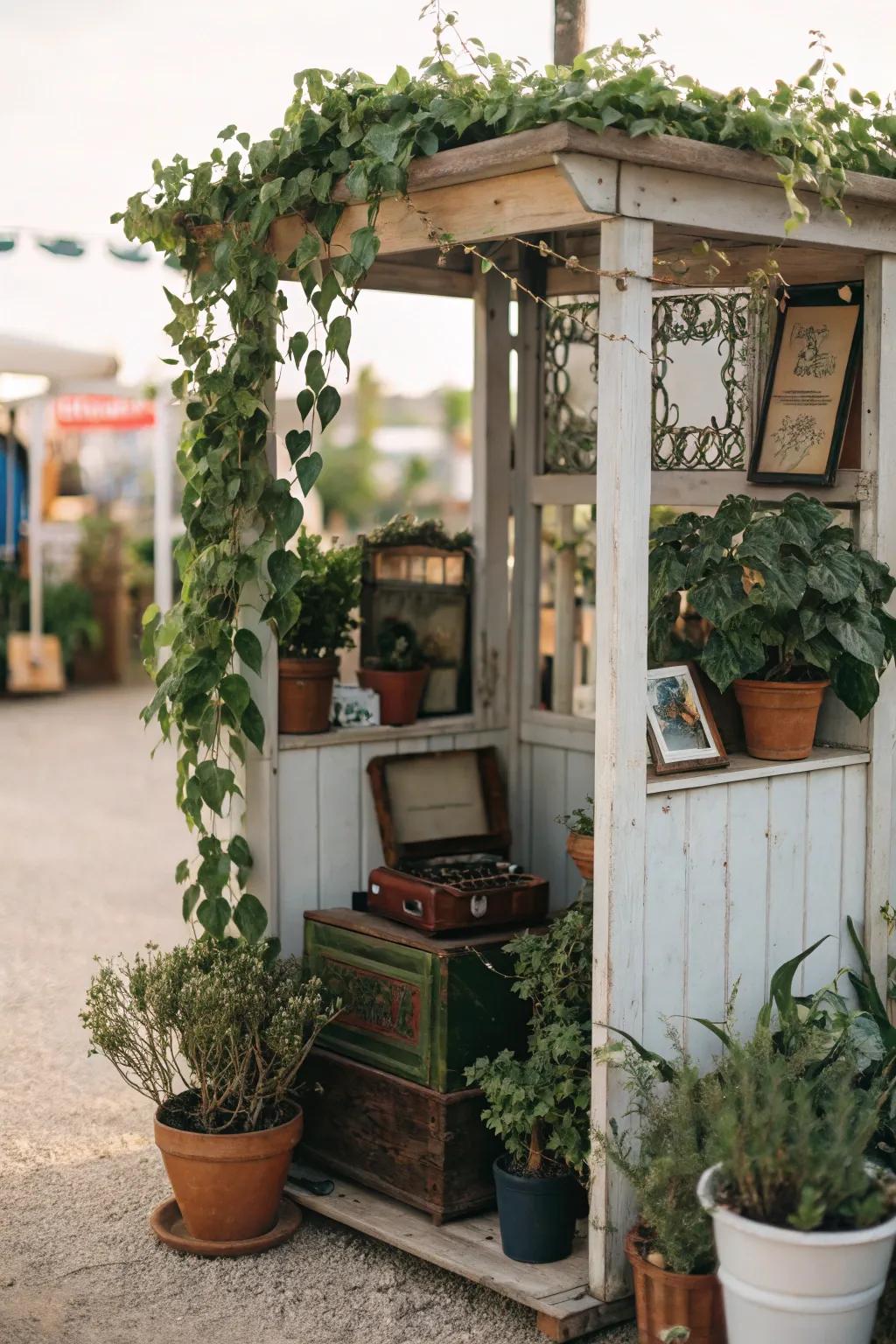 Greenery adding freshness to a small antique booth