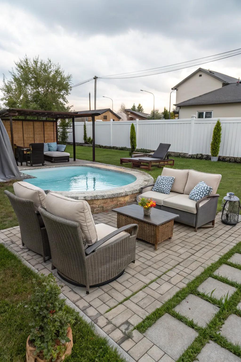 Stylish and practical furniture enhancing functionality around a compact above-ground pool.