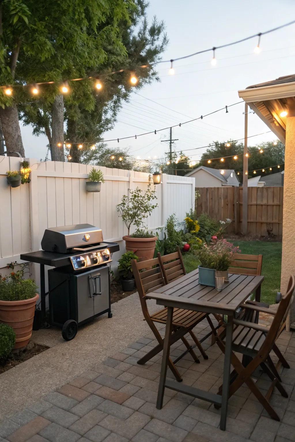 A versatile portable grill cart in a small backyard patio.