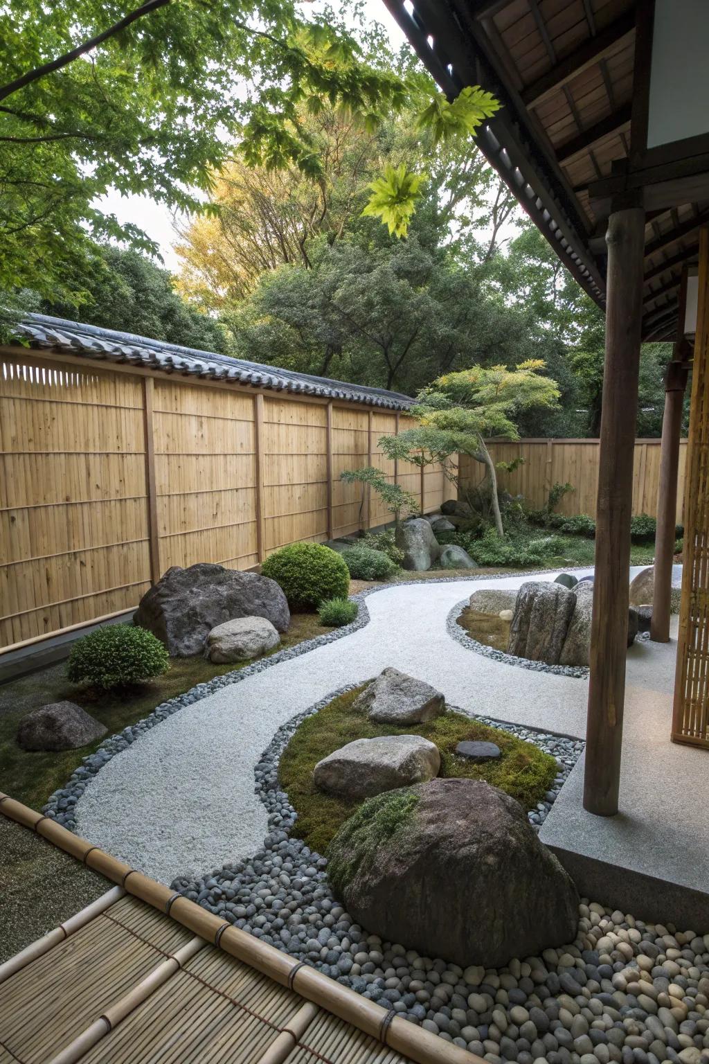 A zen garden with bamboo screens providing privacy and a natural enclosure.