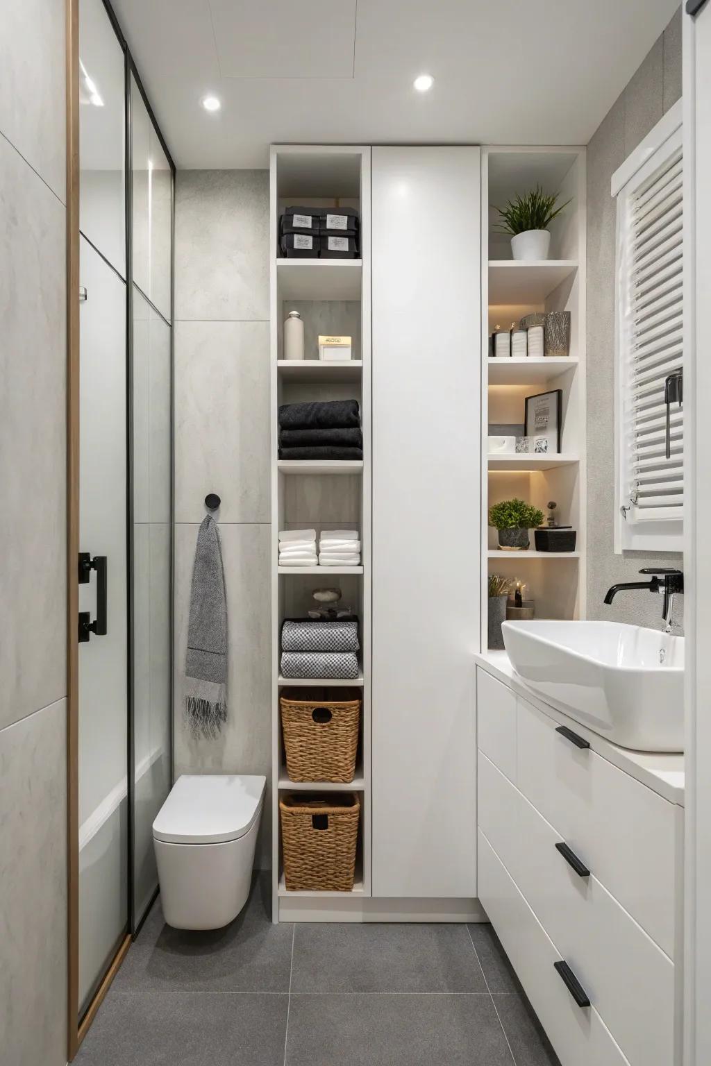 Vertical storage keeps the floor clear and maximizes space.