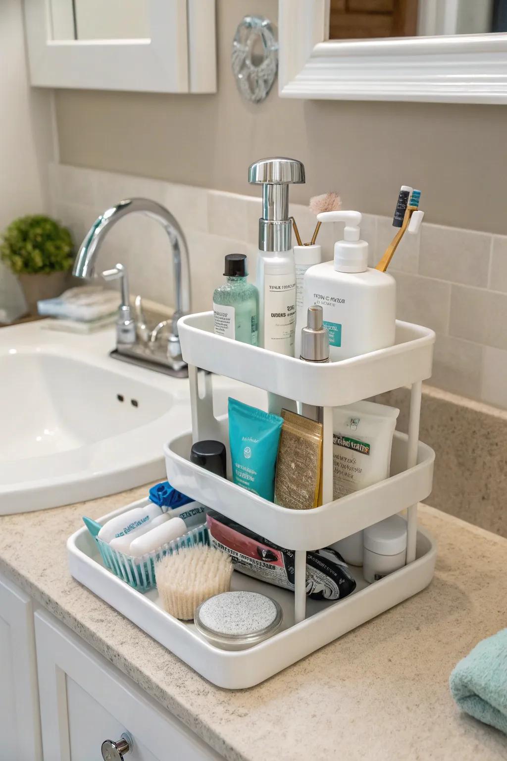 Multi-tiered trays maximize under-sink space.