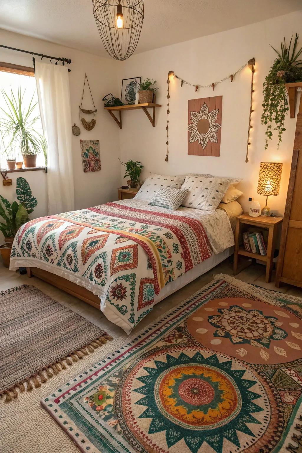 Mixed patterns add visual interest and individuality to this boho bedroom