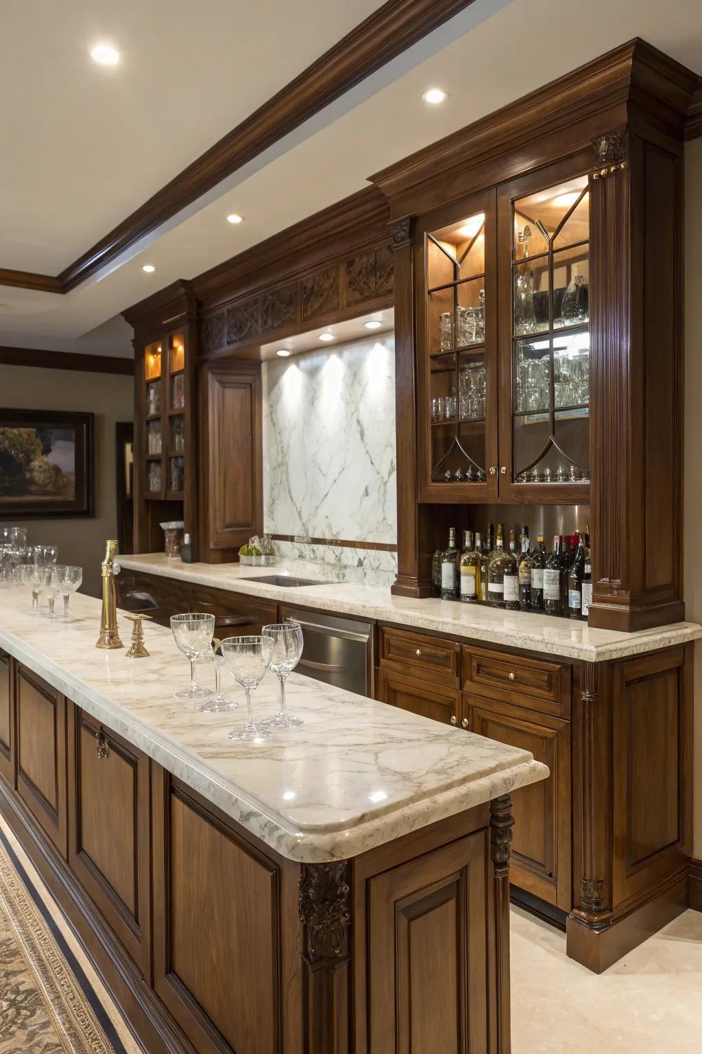 High-end materials add a touch of luxury to any home bar setup.