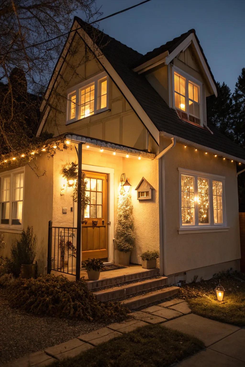 Exterior lighting adds warmth and charm to your home in the evening.