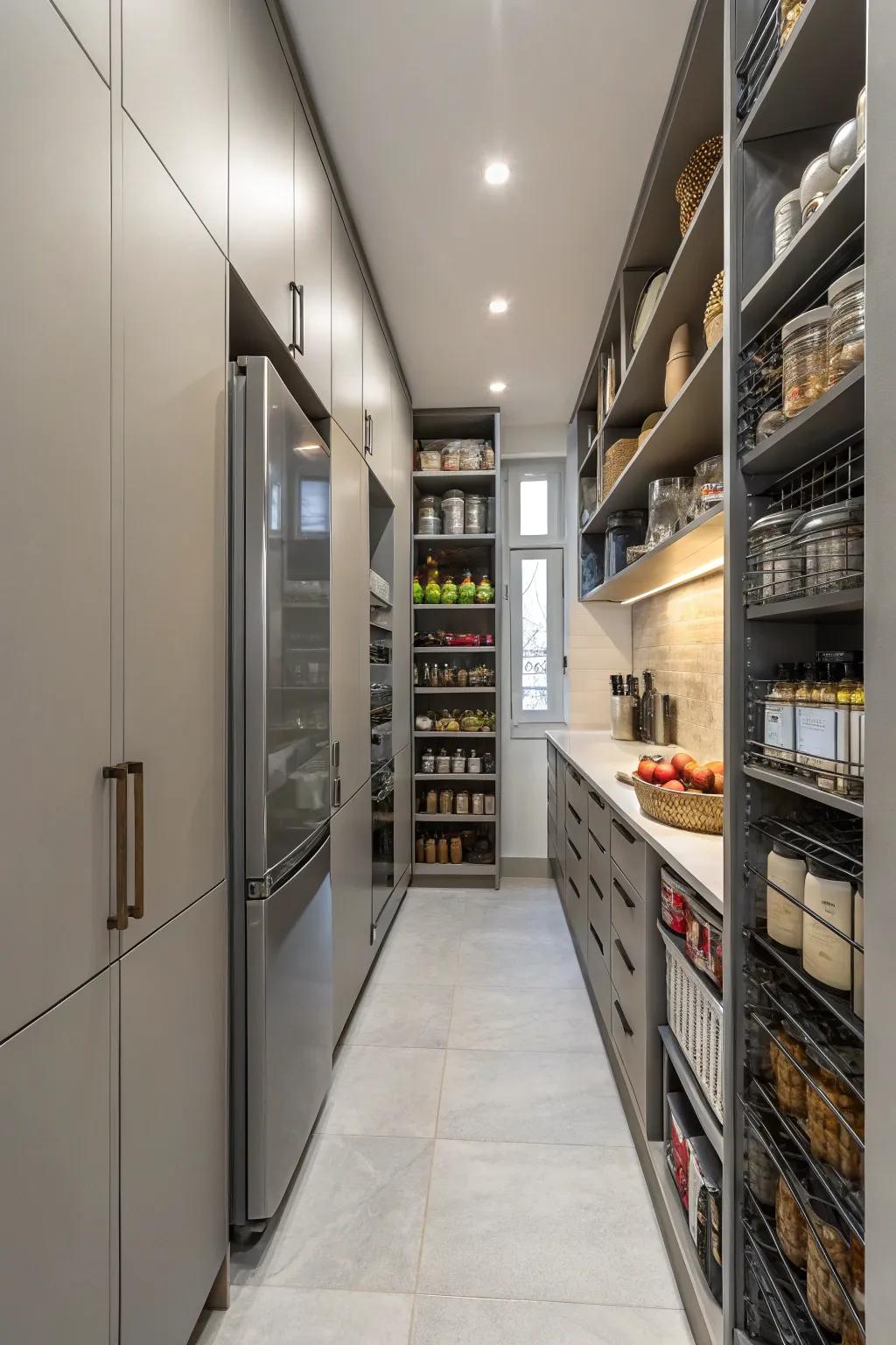 Vertical storage maximizes space in this narrow kitchen.