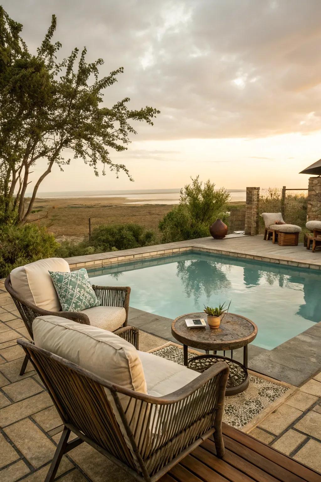 A cozy seating area by the pool invites relaxation and social gatherings.