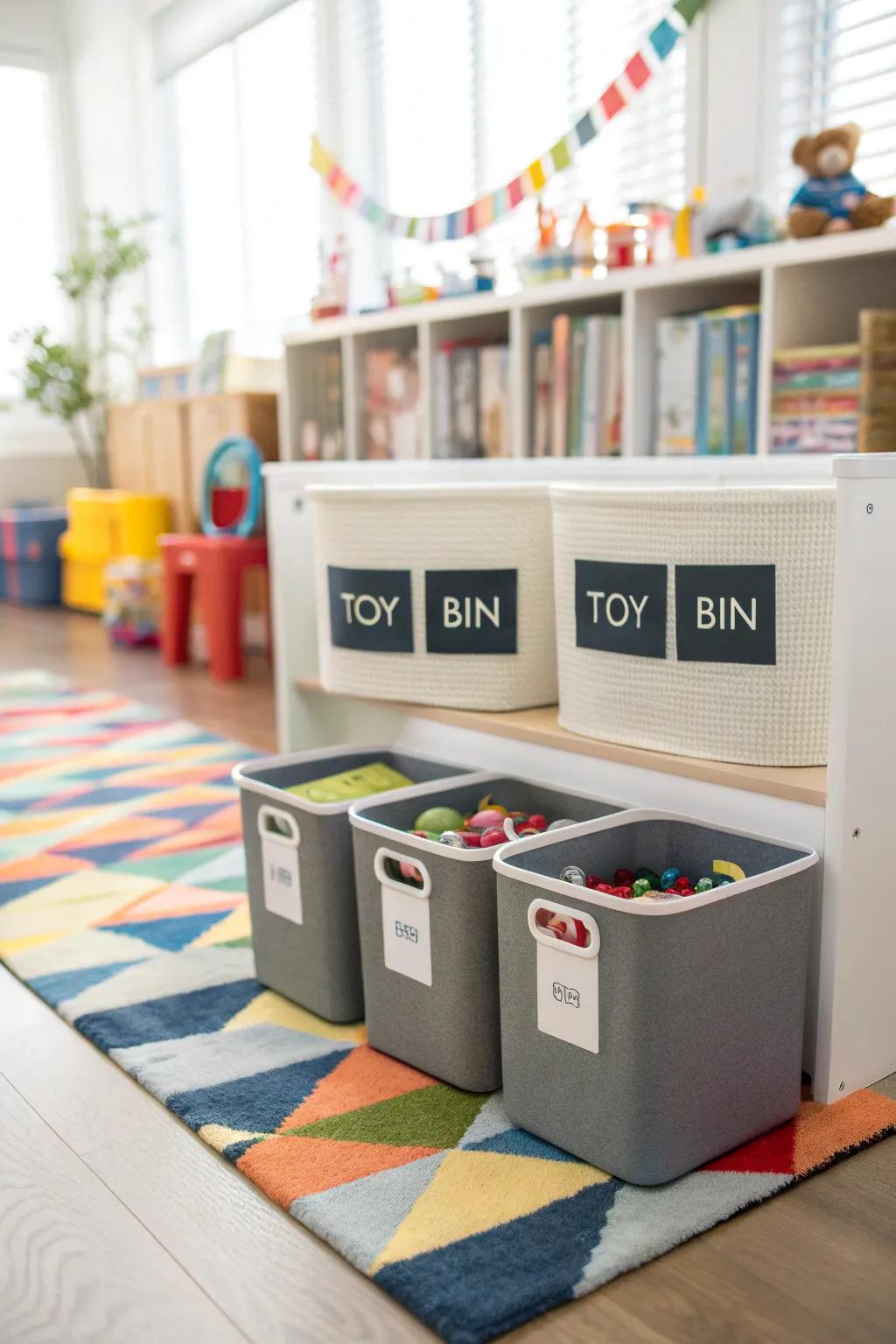 Labeled bins for clear and effective toy organization.