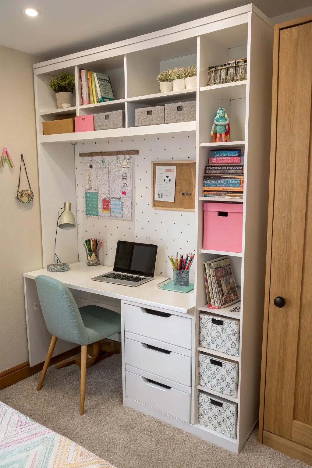 A compact workspace ensures functionality without sacrificing style.