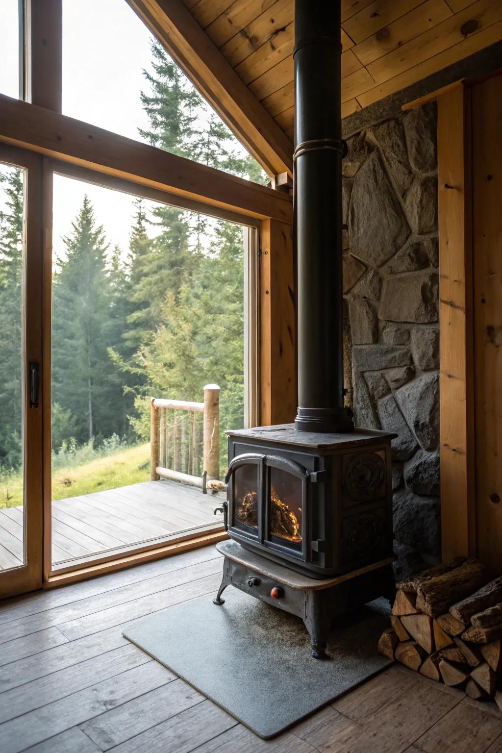 Natural light complements the warmth of a wood stove for a cozy setting.