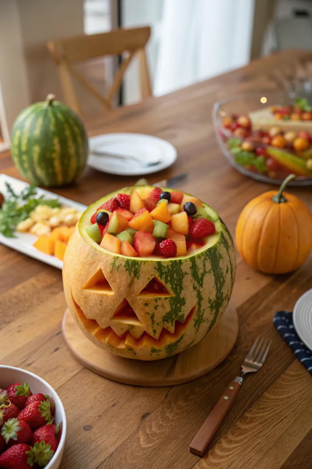 A watermelon jack-o'-lantern that doubles as a festive fruit bowl.