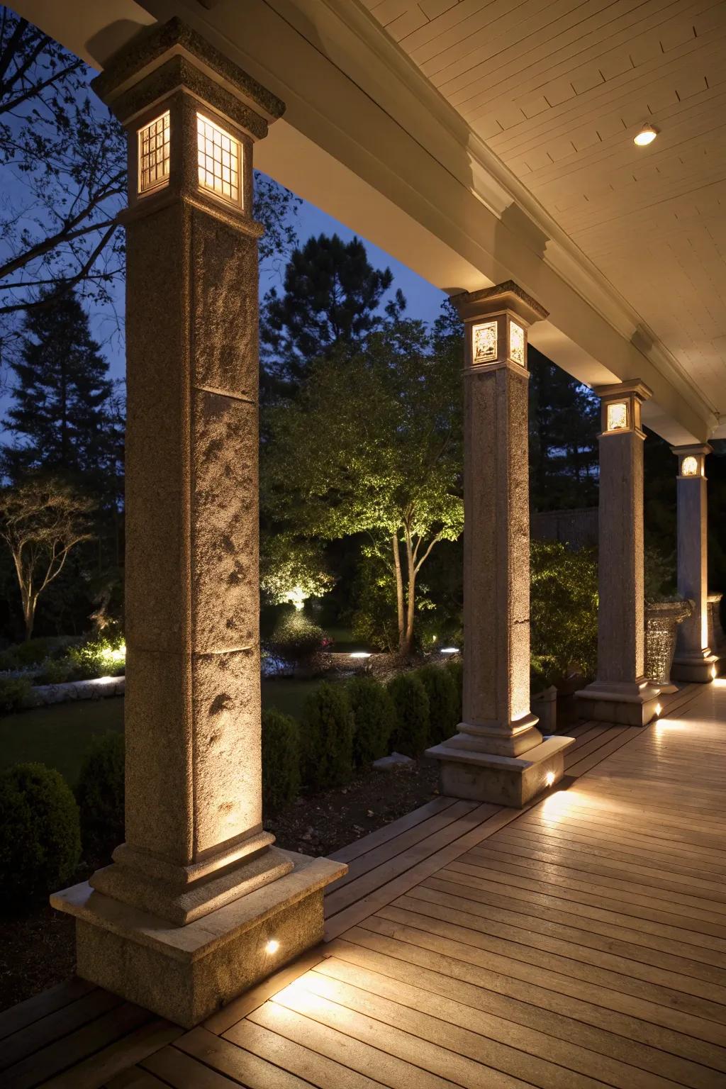 Lighting integrated into square columns creates a welcoming glow.