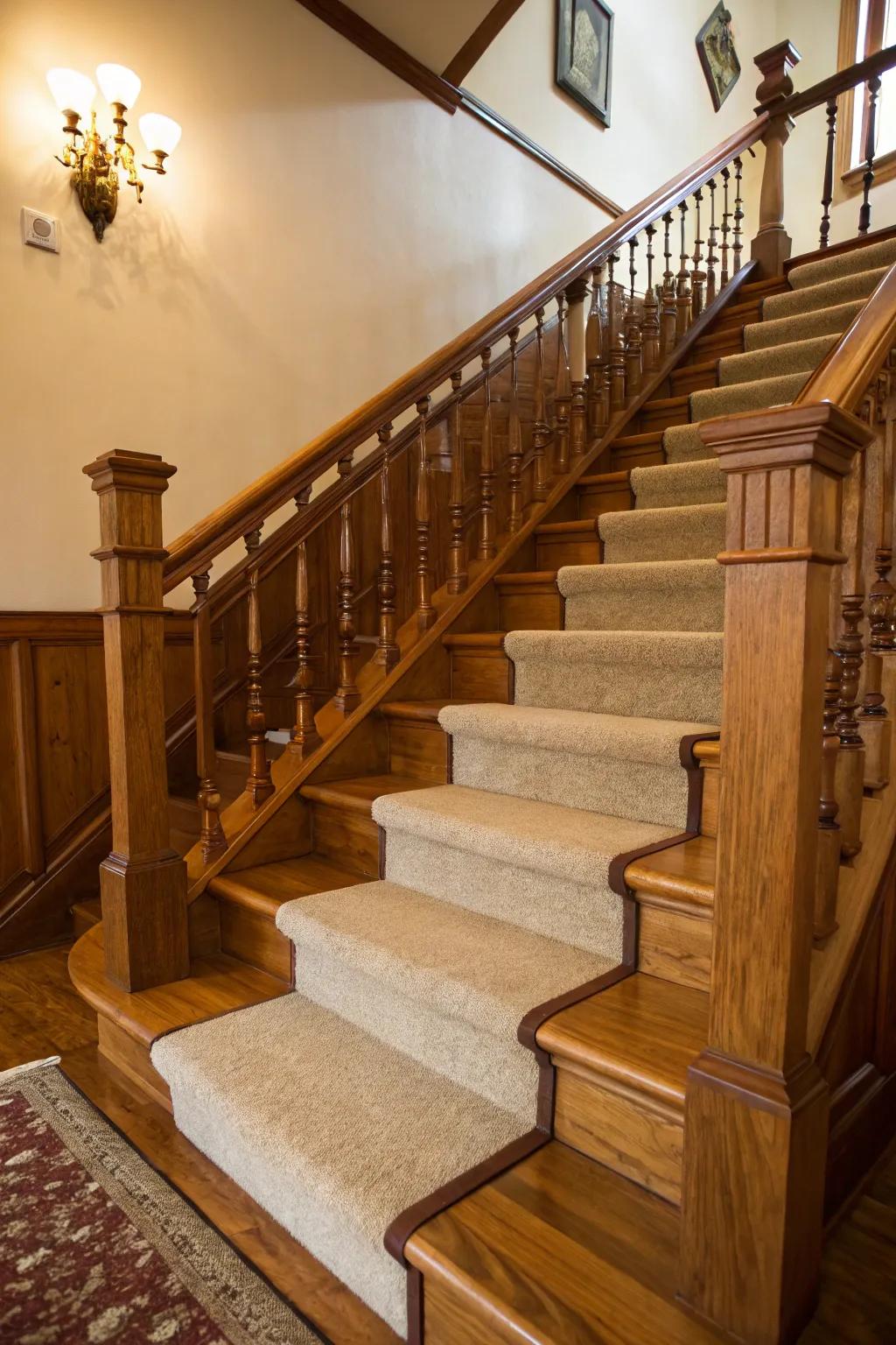 Mixing wood and carpet adds warmth and style to your staircase.